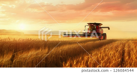 Harvesting Wheat at Sunset 126084544