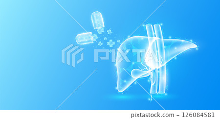 Medical sign symbol blue cross floats out capsule absorbs into the liver. Emergency medicine first aid and health care innovation treatment. Human organ translucent low poly triangles. Vector. 126084581