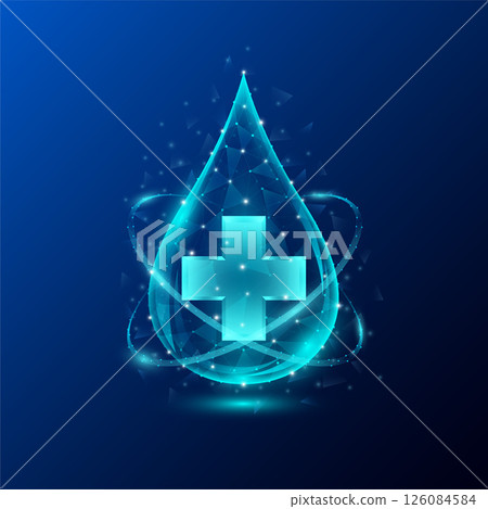 Medical sign symbol blue cross in water drop low poly triangle glowing on blue background. Immunity protection innovation. Medical care science concept. Realistic 3D Vector illustration. Medical sign symbol blue cross in water drop low poly triangle glowing on blue background. Immunity protection innovation. Medical care science concept. Realistic 3D Vector illustration. 126084584