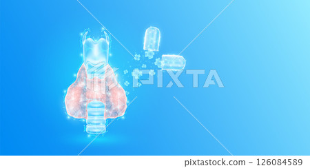 Medical sign symbol blue cross floats out capsule absorbs into thyroid gland. Emergency medicine first aid and health care innovation treatment. Human organ translucent low poly triangles. Vector. 126084589