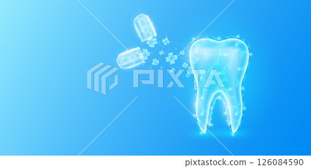 Medical sign symbol blue cross floats out capsule absorbs into tooth. Emergency medicine first aid and health care innovation treatment. Human organ translucent low poly triangles. Vector. 126084590