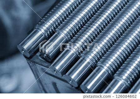 Closeup scene the spare parts lead ball screw shaft in the light blue scene. 126084602