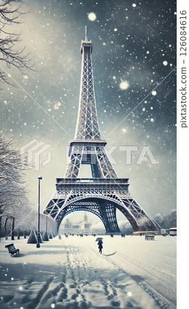 白雪覆蓋的艾菲爾鐵塔和城市景觀 126084616
