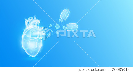 Medical sign symbol blue cross floats out capsule absorbs into the heart. Emergency medicine first aid and health care innovation treatment. Human heart organ translucent low poly triangles. Vector. 126085014