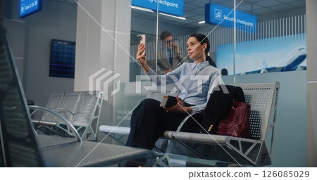 Departure Lounge: Successful Businesswoman Talking to Business Partner on Smartphone by Video Call 126085029