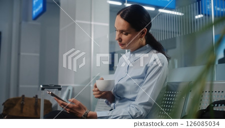 Airport Terminal: Businesswoman Using Smartphone and Drinking Coffee, Sending e-Commerce Emails Airport Terminal: Businesswoman Using Smartphone and Drinking Coffee, Sending e-Commerce Emails 126085034