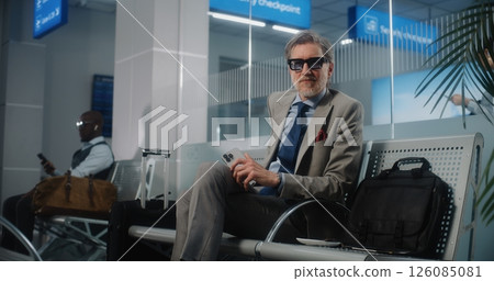 Airport Terminal: Successful Man Wearing Sunglasses Looking at Camera, Holding Smartphone 126085081