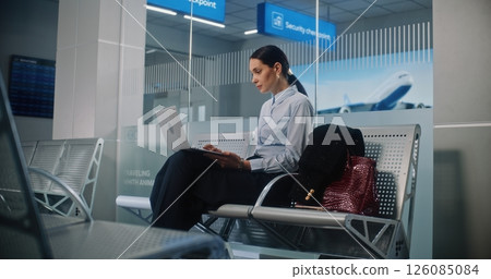 Successful Businesswoman Using Laptop Computer, Waiting for Flight in Departure Lounge 126085084