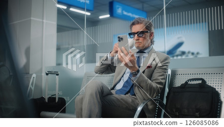 Airport Terminal: Entrepreneur Talking to Investor on Smartphone by Video Chat, Drinking Coffee 126085086