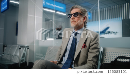 Mature Businessman Sitting in Departure Lounge, Looking at Wristwatch, Drinking Coffee 126085101