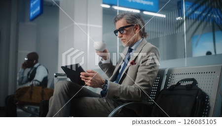 Airport Terminal: Successful Entrepreneur Using Digital Tablet and Drinking Coffee, Doing e-Business Airport Terminal: Successful Entrepreneur Using Digital Tablet and Drinking Coffee, Doing e-Business 126085105