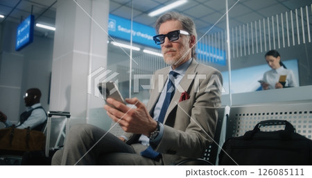 Mature Businessman Sitting in Departure Lounge, Using Smartphone and Drinking Coffee Mature Businessman Sitting in Departure Lounge, Using Smartphone and Drinking Coffee 126085111