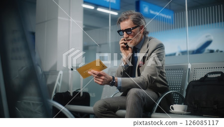 Airport Terminal: Serious Businessman Talking on Smartphone, Checking Flight Information 126085117