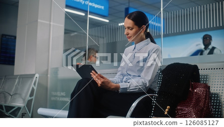 Airport Terminal: Successful Businesswoman Using Digital Tablet, Looking at Camera 126085127