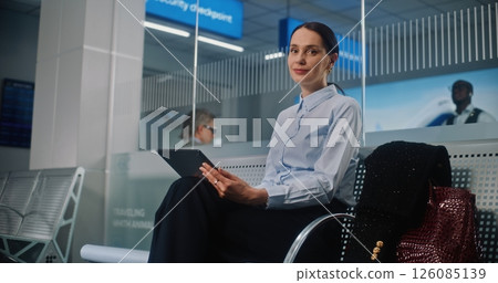 Airport Terminal: Successful Businesswoman Using Digital Tablet, Looking at Camera 126085139