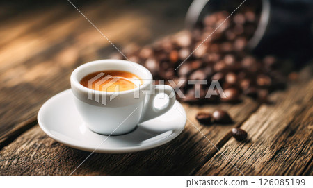 Espresso coffee cup placed on rustic wooden table with scattered coffee beans, showcasing rich texture and inviting aroma of freshly brewed beverage 126085199