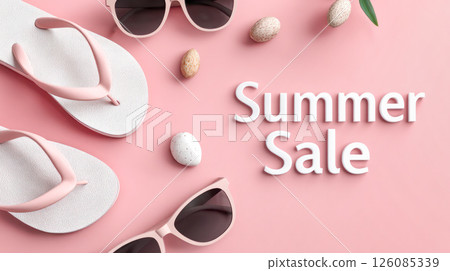 Stylish summer accessories including flip flops and sunglasses arranged on a pink background, promoting seasonal sale with vibrant colors and playful elements 126085339