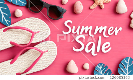 Colorful summer sale illustration featuring stylish flip flops, sunglasses, and decorative elements on a vibrant pink background for promotional design purposes 126085363