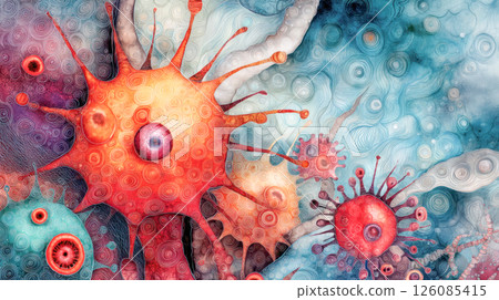 Abstract illustration of colorful microorganisms with intricate details and textures, showcasing vibrant patterns and shapes in a dynamic composition 126085415