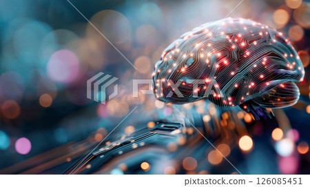 Futuristic digital brain with glowing circuits and vibrant bokeh background, representing advanced technology and artificial intelligence concepts 126085451