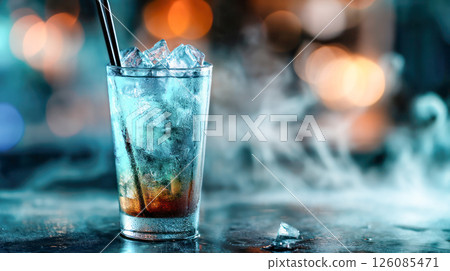 Refreshing cocktail with ice cubes and a straw, set against a blurred background of colorful lights, creating a vibrant and inviting atmosphere 126085471