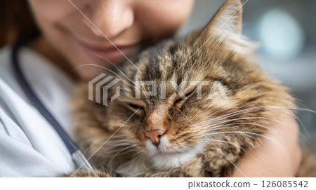 Close-Up of a Woman Cuddling a Relaxed Cat in Her Arms 126085542