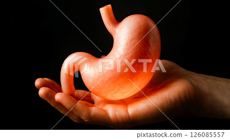 Human hand supporting anatomical stomach model against dark background 126085557