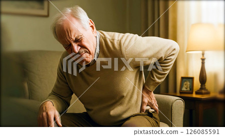 Elderly man experiencing back pain in living room with cautious movement and discomfort 126085591