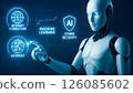 Futuristic robot interacting with digital ai and cybersecurity interfaces 126085602