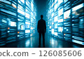 Futuristic silhouette in digital corridor with dynamic data walls 126085606