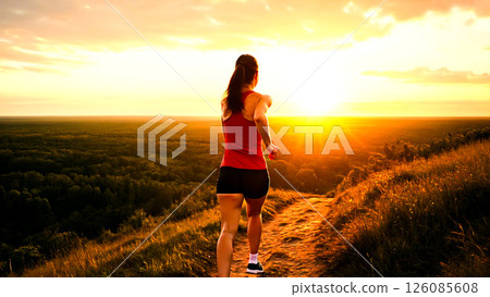 Woman jogging on scenic hilltop trail at breathtaking sunset overlooking vast forest 126085608