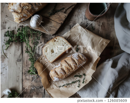 rustic farmhouse kitchen scene with homemade bread, garlic, herbs, kraft paper, linen, and aged wood textures, showcasing cozy, handmade craftsmanship and natural light. 126085609