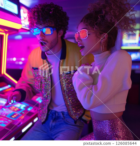 Retro 80s Couple Playing Arcade Games in Neon Lights AI Generated 126085644