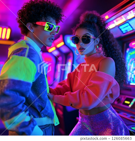 Retro 80s Couple Playing Arcade Games in Neon Lights AI Generated 126085663
