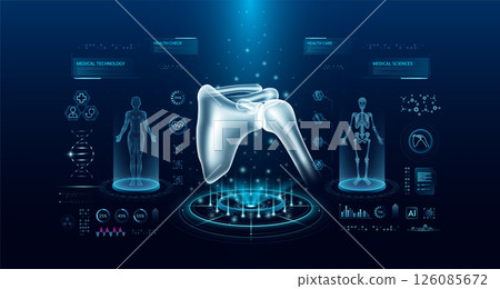 Shoulder health care technology with scan virtual interface hologram style. X ray and MRT human body examination. Medical diagnostic with HUD, UI, GUI. Analysis in futuristic laboratory. Vector EPS10 126085672
