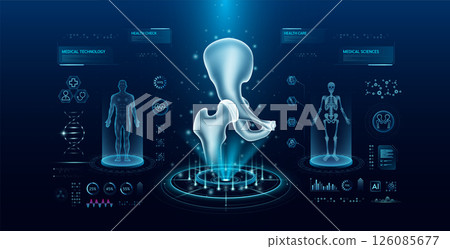 Hip health care technology with scan virtual interface hologram style. X ray and MRT human body examination. Medical diagnostic with HUD, UI, GUI. Analysis in futuristic laboratory. Vector EPS10 126085677