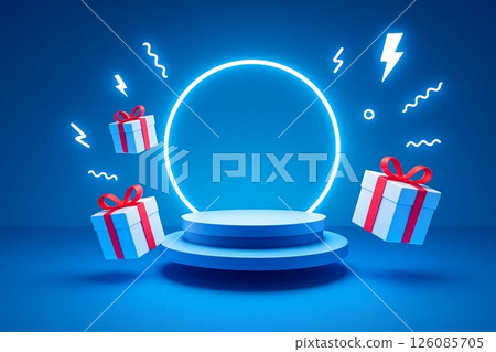 Podium or pedestal for product demonstration, the photo is luxurious, elegant, cosmetic LED neon. 126085705