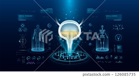 Bladder health care technology with scan virtual interface hologram style. X ray and MRT human body examination. Medical diagnostic with HUD, UI, GUI. Analysis in futuristic laboratory. Vector EPS10. 126085735