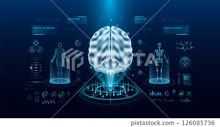 Brain health care technology with scan virtual interface hologram style. X ray and MRT human body examination. Medical diagnostic with HUD, UI, GUI. Analysis in futuristic laboratory. Vector EPS10. 126085736