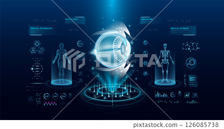 Eyeball health care technology with scan virtual interface hologram style. X ray and MRT human body examination. Medical diagnostic with HUD, UI, GUI. Analysis in futuristic laboratory. Vector EPS10. 126085738