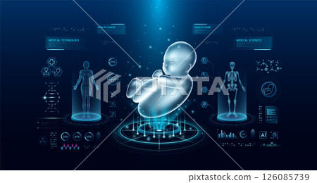 Fetus health care technology with scan virtual interface hologram style. X ray and MRT human body examination. Medical diagnostic with HUD, UI, GUI. Analysis in futuristic laboratory. Vector EPS10 126085739