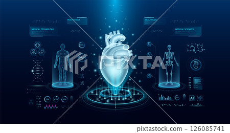 Heart health care technology with scan virtual interface hologram style. X ray and MRT human body examination. Medical diagnostic with HUD, UI, GUI. Analysis in futuristic laboratory. Vector EPS10 Heart health care technology with scan virtual interface hologram style. X ray and MRT human body examination. Medical diagnostic with HUD, UI, GUI. Analysis in futuristic laboratory. Vector EPS10 126085741