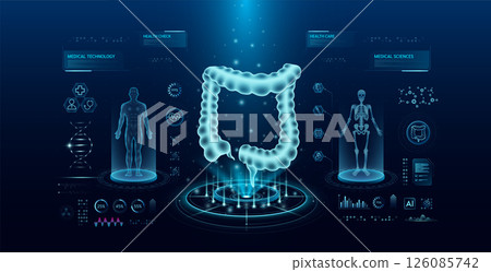 Intestine health care technology with scan virtual interface hologram style. X ray and MRT human body examination. Medical diagnostic with HUD, UI, GUI. Analysis in futuristic laboratory. Vector EPS10 126085742