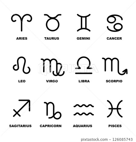 Zodiac signs set. Isolated horoscope zodiac symbols Aries, Taurus, Gemini, Cancer, Leo, Virgo, Libra, Scorpio, Sagittarius, Capricorn, Aquarius, and Pisces. Zodiac astrology 126085743