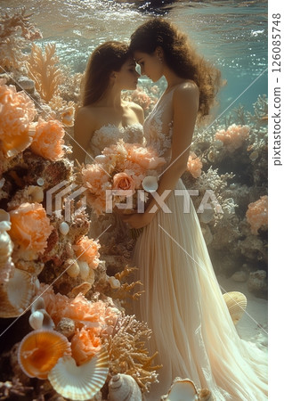 an underwater wedding altar decorated with seashells, coral, and tropical flowers, with the couple standing in front, sunlight illuminating the scene 126085748