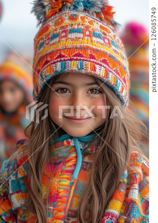 children dressed in traditional Andean clothing, smiling and playing during an Inti Raymi celebration, colorful banners and festive decorations in the background, soft daylight creating a cheerful 126085749