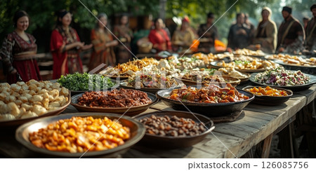 traditional Yakut food arranged on a wooden table during Ysyakh, surrounded by guests in festive clothing, natural scenery in the background 126085756