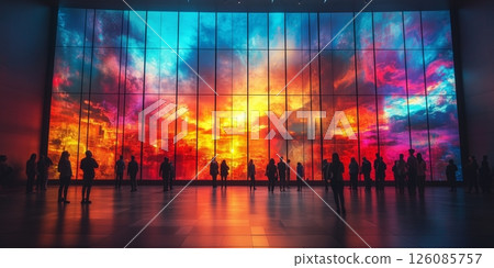 visitors standing in a museum gallery surrounded by large, interactive digital screens 126085757