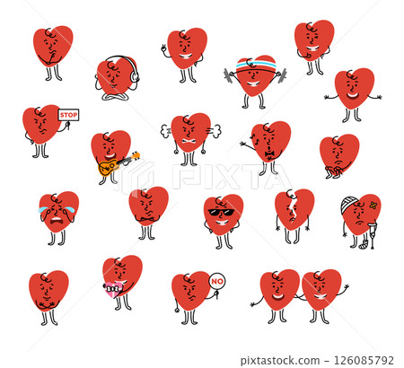 Cute hand drawn cartoon heart character with different facial expression and body posture. Wondering, confident, calm, sad, broken, angry, exercising, or showing other emotions and actions. Cute hand drawn cartoon heart character with different facial expression and body posture. Wondering, confident, calm, sad, broken, angry, exercising, or showing other emotions and actions. 126085792