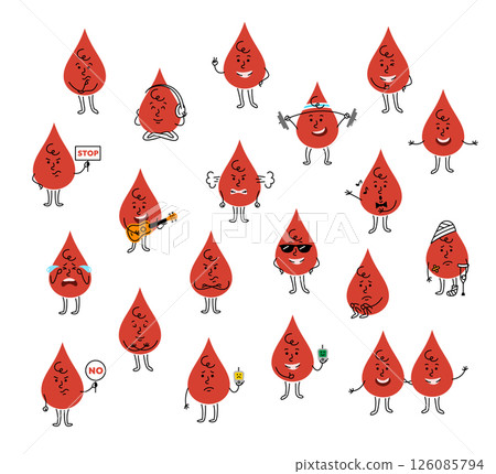 Hand drawn blood drop character with different facial expression and body posture. Wondering, confident, calm, sad, angry, exercising, holds a glucometer or stop sign, with other emotions and actions Hand drawn blood drop character with different facial expression and body posture. Wondering, confident, calm, sad, angry, exercising, holds a glucometer or stop sign, with other emotions and actions 126085794